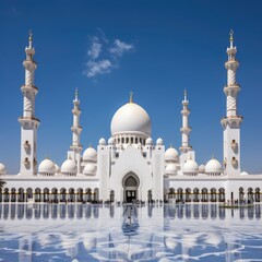 Fototapeta na wymiar The grand mosque stands tall and majestic against the backdrop of a clear blue sky, its intricate architecture and towering minarets a testament to its cultural significance, with generative ai