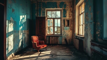Fototapeta na wymiar The image shows a vintage, decaying room bathed in warm sunlight. Peeling blue paint covers the walls, and a patterned red armchair sits in the foreground to the left, slightly askew, catching the lig