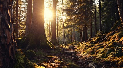 A lush forest scene bathed in the warm glow of a setting or rising sun, casting a golden light through the trees. The forest floor is uneven and covered with green moss, fallen leaves, and scattered b
