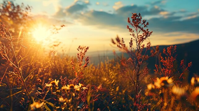 The image shows a close-up view of a golden-lit meadow at sunset or sunrise. Sunlight permeates the scene, creating a warm, glowing halo around the silhouettes of wildflowers and grasses. The light ca