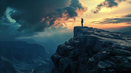 A solitary figure stands atop a rugged cliff edge, gazing into the distance as a dramatic skyline unfolds. The sky offers a breathtaking display with dark, heavy clouds punctuated by patches of fiery 