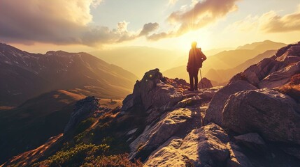 A solitary figure stands atop a rugged mountain range at sunset. The individual is silhouetted against the warm, golden sky, gazing into the distance. They hold trekking poles, suggesting they have be