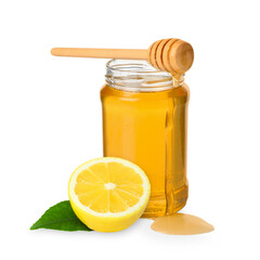 Honey in glass jar, dipper and lemon isolated on white