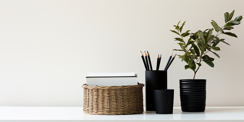 Minimalistic living room with black metal basket, notebooks, and natural decor on white table.