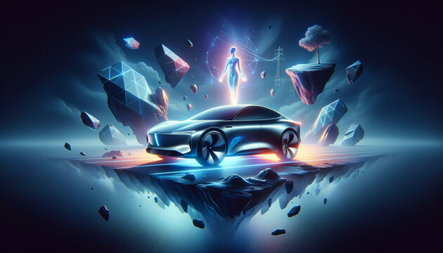 Futuristic plug-in hybrid car surrounded by surreal neon landscapes and an AI presence