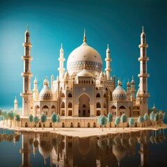 Fototapeta premium The grand mosque stands tall and majestic against the backdrop of a clear blue sky, its intricate architecture and towering minarets a testament to its cultural significance, with generative ai