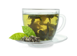 Green tea in glass cup and dried leaves isolated on white