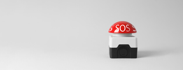 Red SOS button on white background. Banner design with space for text
