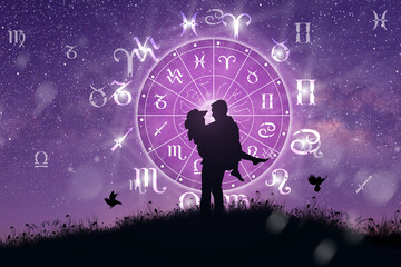 Naklejka premium Astrological zodiac signs inside of horoscope circle. Couple singing and dancing over the zodiac wheel and milky way background. The power of the universe concept.