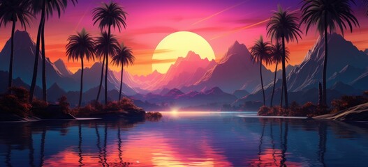 Tropical sunset landscape with river and palm silhouettes. Exotic travel destination. Banner.