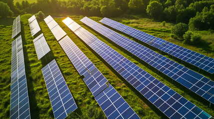Top view of solar panels in sunny fields.sustainable energy concept.