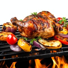 Naklejka premium a grilled chicken legs on the flaming grill with grilled vegetables, studio light , isolated on white background