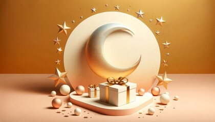 pastel background with gift decorations and crescent moon. Ramadan kareem concept background