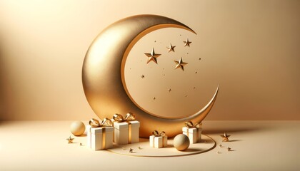 pastel background with gift decorations and crescent moon. Ramadan kareem concept background