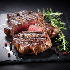 a grilled beef steaks with spices and herbs on black slate, studio light , isolated on white background