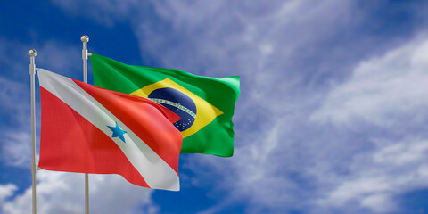 Official flags of the country Brazil and federal state of Para. Swaying in the wind under the blue sky. 3d rendering - obrazy, fototapety, plakaty