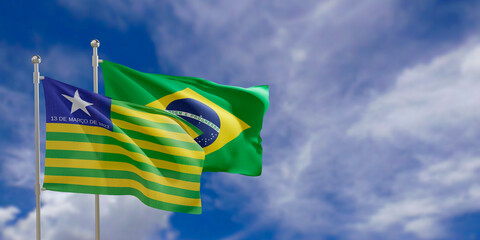Official flags of the country Brazil and federal state of Piaui. Swaying in the wind under the blue sky. 3d rendering