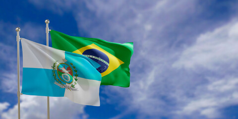 Official flags of the country Brazil and federal state of Rio de Janeiro. Swaying in the wind under the blue sky. 3d rendering