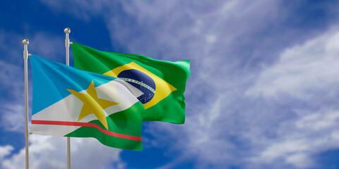 Official flags of the country Brazil and federal state of Roraima. Swaying in the wind under the blue sky. 3d rendering