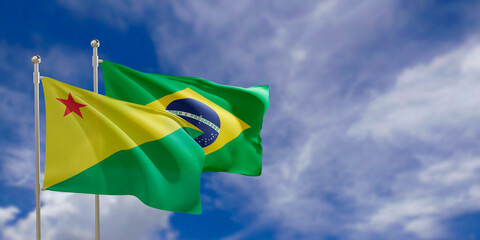 Official flags of the country Brazil and federal state of Acre. Swaying in the wind under the blue sky. 3d rendering
