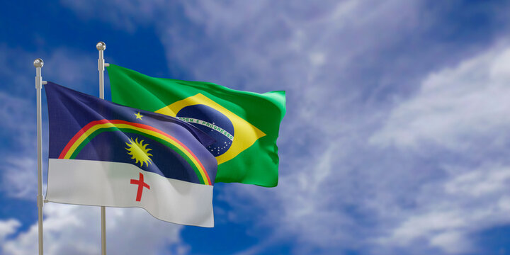 Official flags of the country Brazil and federal state of Pernambuco. Swaying in the wind under the blue sky. 3d rendering