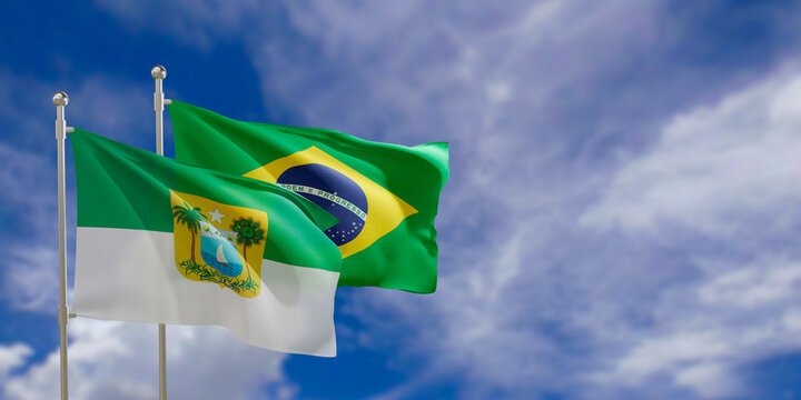 Official flags of the country Brazil and federal state of Rio Grande do Norte. Swaying in the wind under the blue sky. 3d rendering