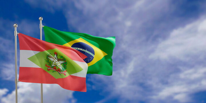 Official flags of the country Brazil and federal state of Santa Catarina. Swaying in the wind under the blue sky. 3d rendering