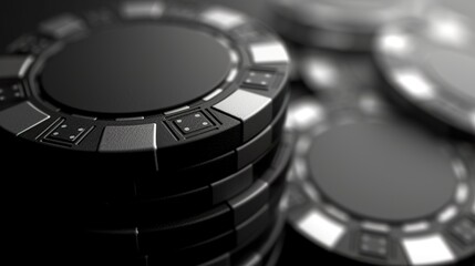 An imposing 3D stack of black casino chips in an aura of elegance and sophistication. Meticulously stacked chips symbolizing the high stakes and risk inherent in a casino environment.