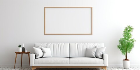 Minimalist living room with empty white wall and blank picture frame.