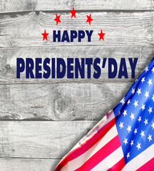 Fototapeta na wymiar Happy presidents day with flag of the United States on wooden background. 