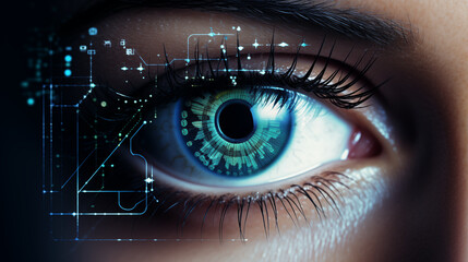  A human eye with an AI microchip implanted in the pupil.