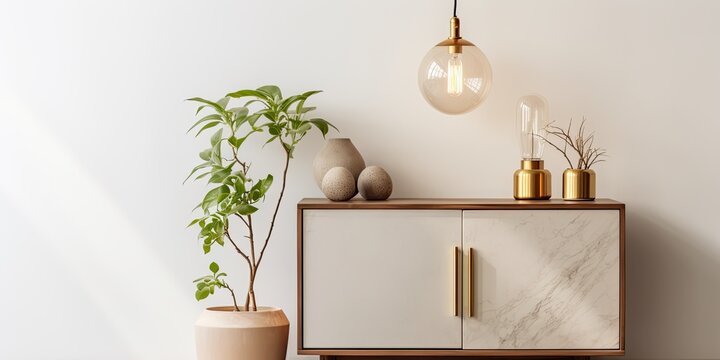 Home Interior With Vintage Cupboard, Marble Accessories, Hanging Plant, And Gold Table Lamp. Cozy Minimalistic Decor. Real Photo. Copy Space.