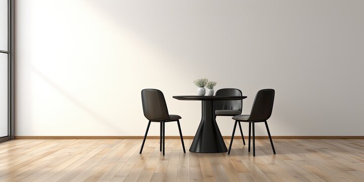 Rendered mock-up of side view with white interior, wooden floor, round table, and black chairs.