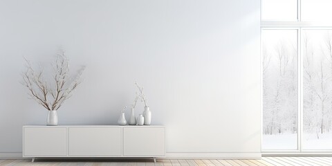 Minimalist white room with dresser, wooden floor, wall decor, window with white landscape. Nordic...