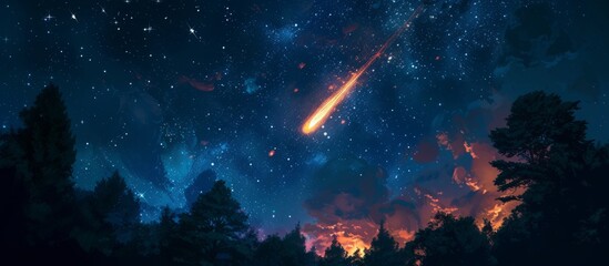 Breathtaking Fireball and Meteor Shower Illuminate Night Sky Amongst Majestic Trees and Dazzling Stars - obrazy, fototapety, plakaty
