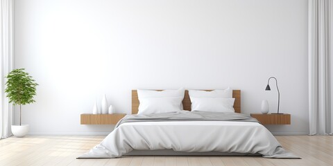 Minimalistic advertisement showcasing contemporary bedroom interior with a double bed, white bedding, lamp, wooden flooring, empty white wall, and large window with curtains.