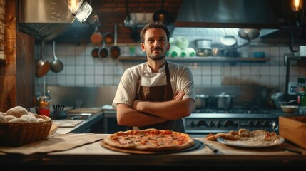 Fototapeta na wymiar Pizzaiolo. The cook is preparing pizza. Pizzeria owner. Kitchen. Cooking food. Own business. Gastro Industry