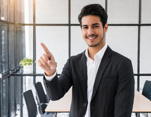 Smiling businessman  standing confidently in a corporate office, exuding success and professionalism - 728157873