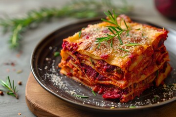 An innovative lasagna emerges made with layers of succulent pasta and vibrant beetroots. Lasagna made with beetroot with classic cheese flavor and tomato sauce. - obrazy, fototapety, plakaty