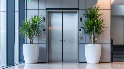 a closed office elevator door with potted plants