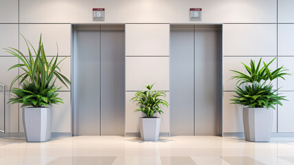 a closed office elevator door with potted plants