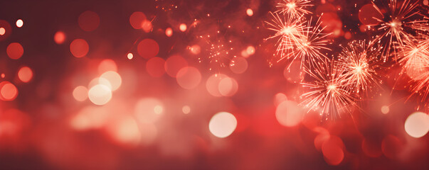 Holiday background with red fireworks pyrotechnics on blurred background with lights, sparks and firecrackers. Summer festival Natsumatsuri, Chinese New Year. Celebration New Year's Eve, Christmas