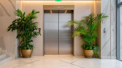 a closed office elevator door with potted plants - obrazy, fototapety, plakaty