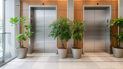 a closed office elevator door with potted plants - obrazy, fototapety, plakaty