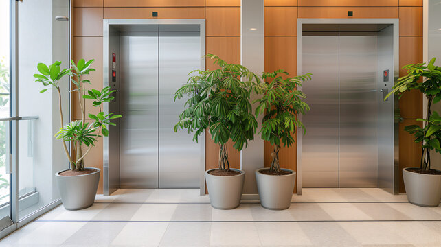a closed office elevator door with potted plants