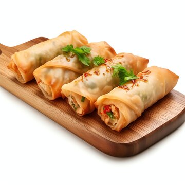 a fried spring rolls on cutting board, studio light , isolated on white background