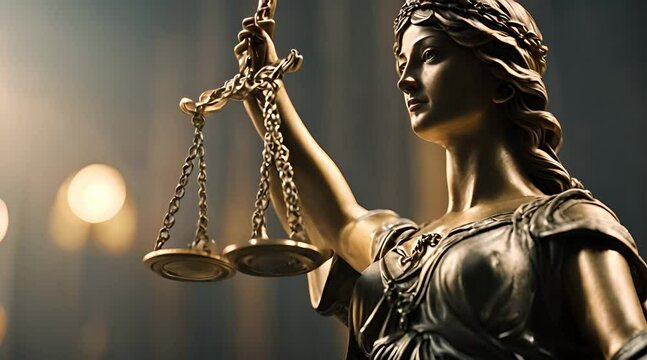 Blindfolded Lady Of Justice: Statue Depicting Equality with Scales, Legal Symbol of Integrity.  Video. 