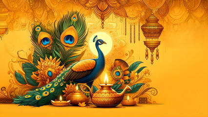 illustration of thaipusam background with diya lamp and peacock