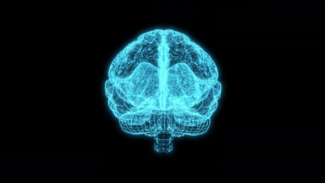 Neon Blue Human Brain 4k glowing 3d Hologram Skeleton loop animation for Medical, Educational, Anatomy, Alzheimer disease patient check, nerves, human brain cell healthcare, medicine and treatment
