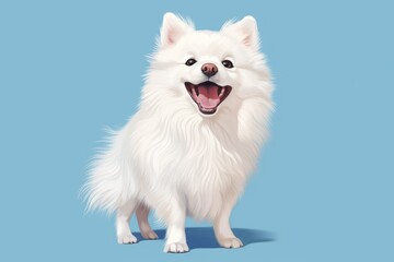 White spitz watercolor portrait painting. Illustrated dog puppy, isolated on blue background. AI Generated - obrazy, fototapety, plakaty